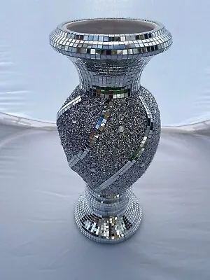 40cm Ceramic Silver Vase Statue Ornament Bling Crushed Mirrored Flower Pot Spirl • £27.99