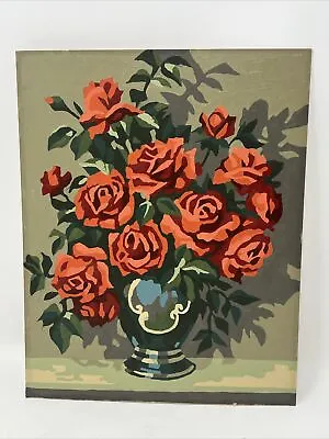 Vintage Paint By Number Shabby Chic Coral Roses In Vase Picture Completed • $24.99