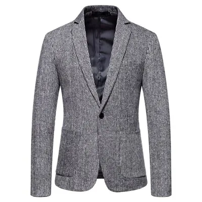 Spring Autumn Casual Men Blazer Faux Wool Blends Coat Slim Striped Jacket Coat • $49.77