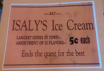 1935 EAT ISALY'S ICE CREAM 5 Cent 25 Flavor Largest Cone Dairy Advertising Sign • $9.95