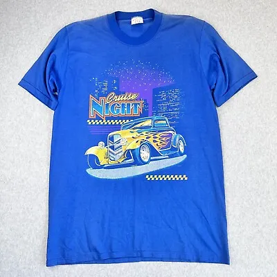 Vintage Hot Rod Car T Shirt Size Large Blue Flames City Skyline Single Stitch • $16.99