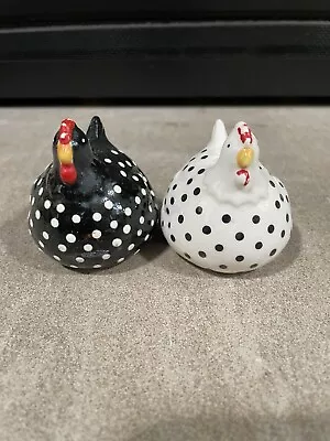 Chicken Salt And Pepper Shakers Black And White Polka Dot Rare Vintage • $36