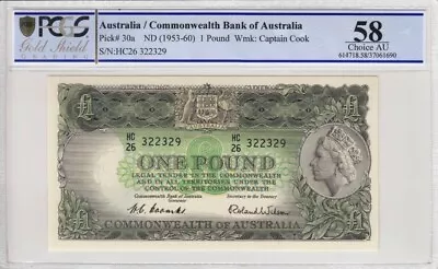 1953 Australia 1 Pound Banknote Coombs/Wilson PCGS 58 Choice AU S/N HC26 322329 • $225