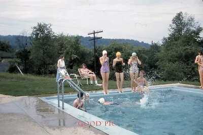 #Z114- H Vintage 35mm Slide Photo- Women At Swimming Pool-Red Kodachrome 1950s • $5.50