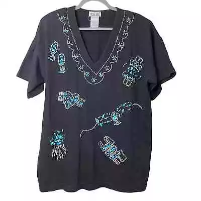 Vintage | Victoria Jones Black Embellished Turquoise Silver Beaded T Shirt | L  • $20