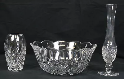 Lot 3 Waterford Lismore Crystal Scalloped Rim 9  Bowl Bud And Flower Vase Nice! • $51.91