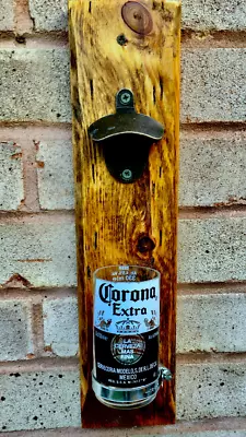 Wall Mounted Bottle Opener With Bottle Cap Catcher Reclaimed Wood Cut Bottle • £20