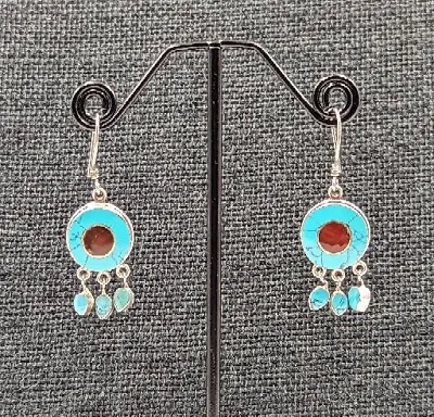 Vtg Sterling Silver Round Turquoise & Carnelian 3 Dangle Inlay 925 Hook Earrings • $41.99