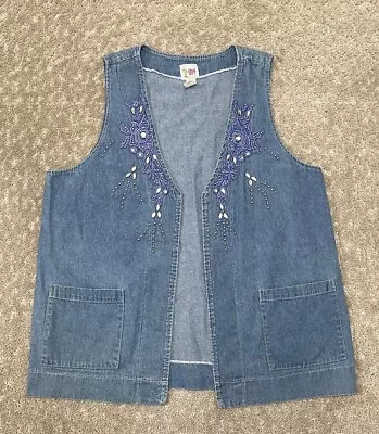 Cactus California Vintage 90s Jean Vest Womens SIZE XL Beaded Embroidered Jewels • $21.84