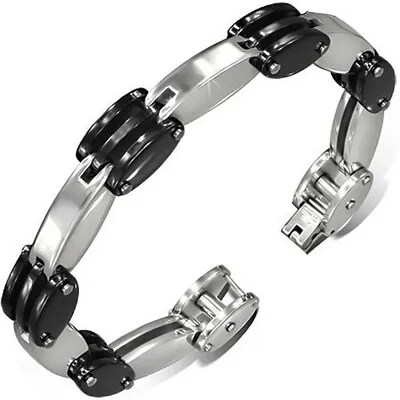 Stainless Steel Silver Black Two-Tone Mens Oval Links Chain Bracelet With Clasp • $19.99
