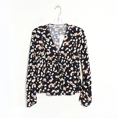 NWT Zara Floral Print Top Peplum Buttoned Blouse Navy Blue Daisy Flowers New • $28