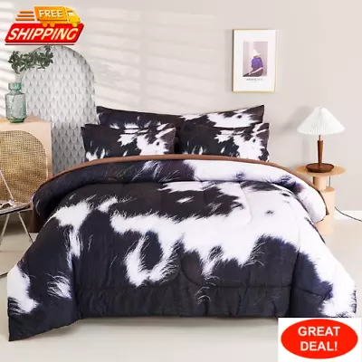 Cow Print Comforter Set Queen Size 8Pcs Cow Fur Print Bed In A Bed Western • $72.78