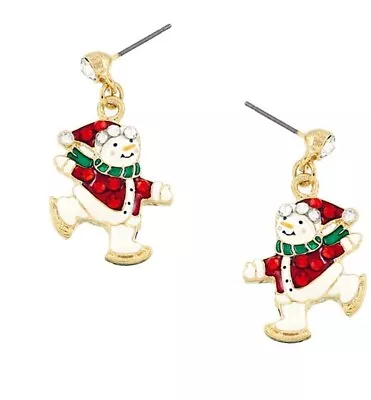 Christmas Frosty The Snowman Rhinestone Pierced Gold Tone Dangle Earrings • $8.50