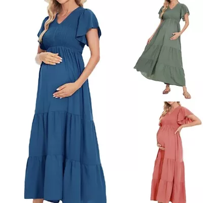 Ladies Baggy Pleated Maternity Dress Women Holiday Solid Short Sleeve Pregnancy • £23.99