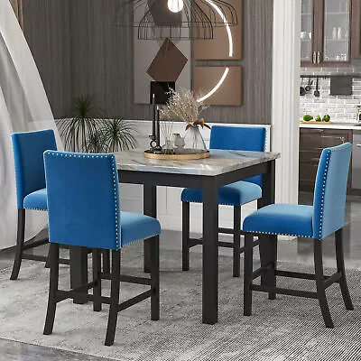 5 Piece Counter Height Dining Room Set Faux Marble Table And 4 Bar Stools Gray • $649.99