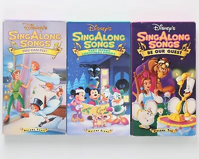 $16.95 • Buy 3 VHS LOT Disney SING ALONG SONGS - Be Our Guest, You Can Fly, Christmas 3 8 10