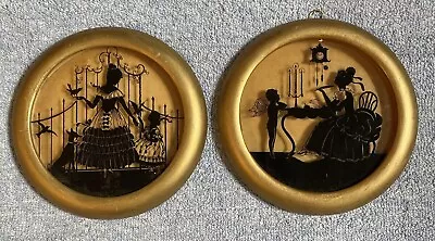 Pair~ Vintage Silhouette Reverse Painted Shadow Pictures Round Framed Glass~6.5” • $22