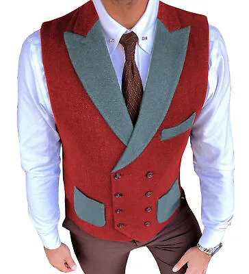 Mens Xmas Waistcoat Herringbone Wool Blend Tweed Vintage Retro Vest 44 46 48 50 • $30.31