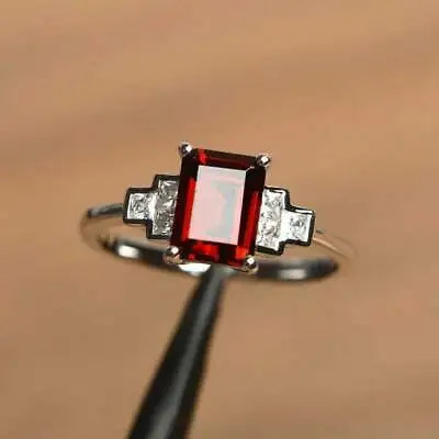 £97 • Buy 3Ct Emerald Cut Red Garnet Diamond Solitaire Engagement Ring 14K White Gold Over