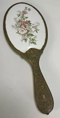 Vintage Antique Brass & Hand-Painted Porclein Hand Mirror W/ Beveled Glass Oval • $39.99