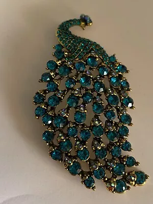 Large Rhinestone Crystal Gold Blue Peacock Bird Brooch Pin Jewellery + Gift Bag • £3.49