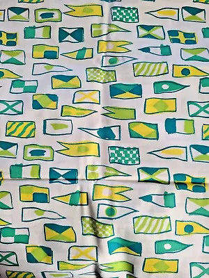 Vintage Fabric Cotton Canvas Print-Nautical Flags Green Yellow 42  W 2.6 Yards • $9