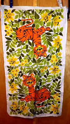Vintage Linen Dish Towel Tiger Lilies & Whimsical Tigers Greenery Pre-Owned • $11.48
