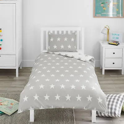 Duvet & Pillowcase Set Reversible Grey & White Stars Boys Girls Kids Bed Bedding • £15.99