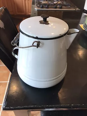 Vintage Tea Pot/Coffee Pot White Enamel Wooden Handle Black Trim Victorian • $23