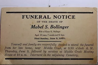 Mabel S Bollinger Funeral Notice Postcard Old Vintage Card View Standard Post PC • $0.50