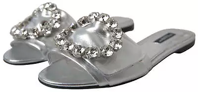 NEW! DOLCE & GABBANA Silver Crystal Embellished Slide On Flat Sandals Shoes Sz6 • $425