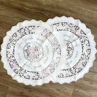 Vintage Vinyl Round Doily 15.5  Pink Floral Plastic Place Mat MCM - Set Of 2 • $25