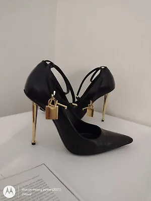 Tom Ford Black Leather Padlock Pumps Sz EU37 EUC • £834.84