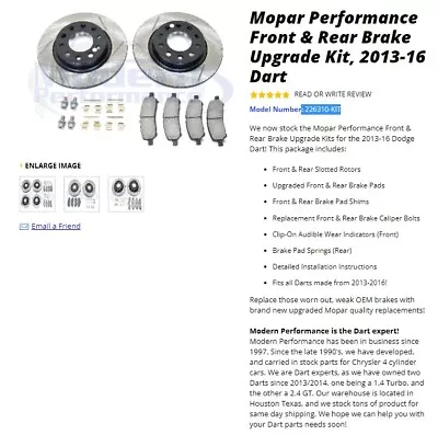 Mopar Performance Front & Rear Brake Upgrade Kit 2013-16 Dart (226310-KIT)  • $199