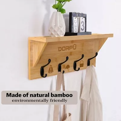 Coat Rack  Shelf - Countryside Style Bamboo Wall Mounted Rack - 4 Hooks • £12.90