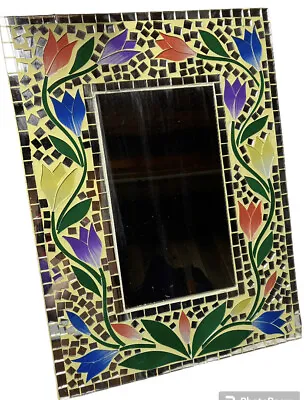 Vintage Mosaic Inlaid Hand Painted Mirror Yellow With Climbing Tulips See Pics • $69.99