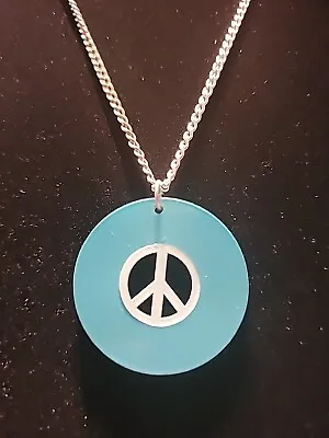Vintage Silver Tone Necklace Blue Round Pendant Peace Sign Jewelry Costume • $12.37