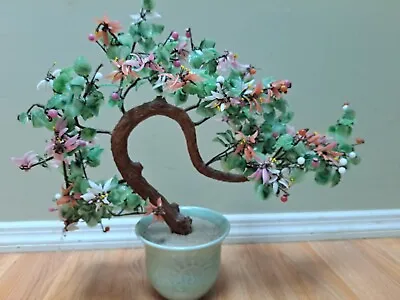 Vtg Large Chinese Jade Stone Glass Bonsai Tree Multi Color Pink-Salmon-Green-Wh. • $59.99