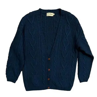 VTG LL Bean Cyan Greenish Blue Cable Knit Fisherman Cardigan Sweater WOOL XL • $17.96