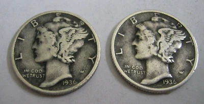 $12.99 • Buy TWO 1936 Winged Mercury Head USA 90% Silver Dimes, DIY Earrings? Cufflinks?