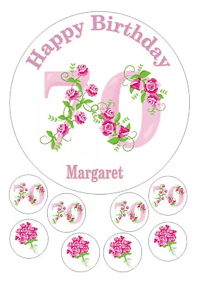 70th Birthday Edible 7.5 Inch Round Iced Icing Cake Topper + 8 Cupcake Toppers • £4.75