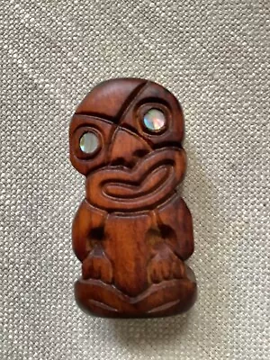 Vtg New Zealand Rotorua Maori Tiki Paua Shell Eyes & Alligator Wood Carving • $16.99