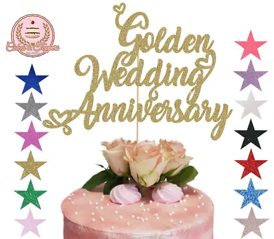 Golden Wedding Anniversary Glitter Cake Topper Decoration For 50th Anniversary • £4.99