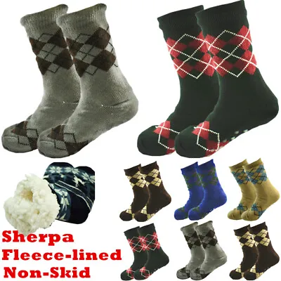 Mens Thick Cozy Fuzzy Knit Non-Skid Sherpa Fleece-lined Grid Slipper Socks LOT • $59.99