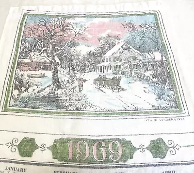 VTG 1969 Linen Calendar Tea Towel Currier & Ives Farmhouse Sleigh Snow Scene • $4.99