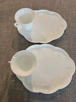 4 Piece Colony Harvest Milk Glass Snack Set Tea Cups And Plates White Vintage • $20.25