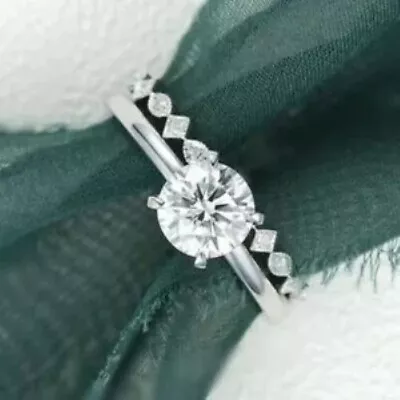 Solid 14k White Gold Moissanite Bridal Set Engagement Ring Round Cut 2.50 CT • $237.35