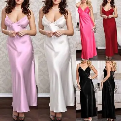 Womens Silky Long Maxi Night Dress Lingerie Nightwear Sleepwear Gown Robe Cami • £8.09