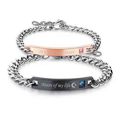 2pcs Couple Stainless Steel CZ  My Sun And Stars Moon Of My Life  Bracelet Gift • $10.99