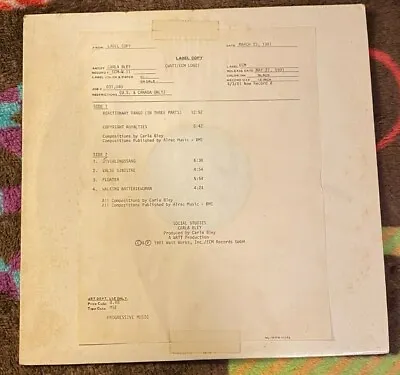 CARLA BLEY - Social Studies ~ ECM / WATT 11 {nm} [RARE TEST PRESSING] W/Mantler • $100